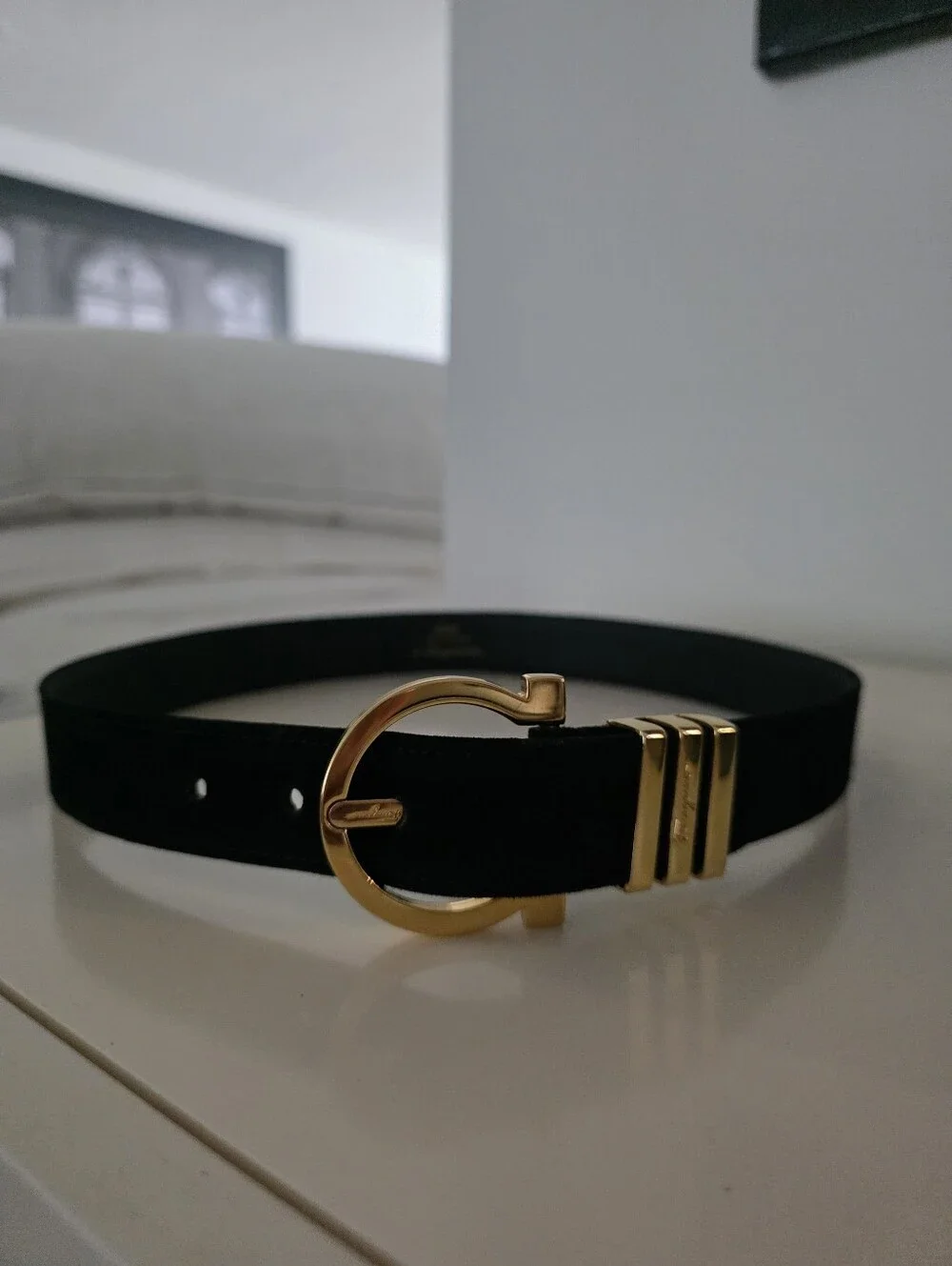 PRISTINE Ferragamo Black Suede Belt Gold Buckle XS - Small Waist 27